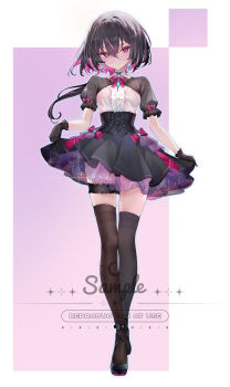 1girl absurdres black_gloves black_hair black_skirt black_thighhighs bow breasts closed_mouth colored_inner_hair commentary_request english_text full_body gloves hair_between_eyes highres long_hair looking_at_viewer multicolored_hair original pink_eyes pink_hair puffy_short_sleeves puffy_sleeves red_eyes see-through_clothes shirt shoes short_sleeves skirt small_breasts smile solo standing streaked_hair thigh_strap thighhighs two-tone_hair virtual_youtuber white_shirt yinber
