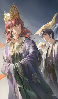 1girl 2boys absurdres akatsuki_no_yona black_eyes black_hair blonde_hair blue_eyes closed_mouth commentary crown dawn earrings hair_between_eyes hak_(akatsuki_no_yona) hands_in_opposite_sleeves highres jewelry korean_clothes light_frown light_smile medium_hair multiple_boys parisa_reaz purple_rope red_hair rope short_hair sky soo-won_(akatsuki_no_yona) star_(sky) starry_sky tassel tassel_earrings wide_sleeves yona_(akatsuki_no_yona)