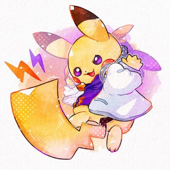 Rule 34 | animal focus, clothed pokemon, gen 1 pokemon, headphones, highres, hood, hoodie, jacket, miketoevecan, nintendo, no humans, open mouth, pikachu, pokemon, pokemon (creature), pokemon focus, purple eyes, smile, solo, traditional media
