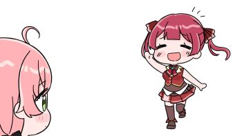 Rule 34 | 2girls, :d, ahoge, blush stickers, boots, brown boots, brown leotard, brown thighhighs, chibi, closed eyes, closed mouth, green eyes, hair ribbon, hand up, highres, hololive, houshou marine, houshou marine (1st costume), jacket, leotard, leotard under clothes, mochimiko, multiple girls, notice lines, open mouth, pink hair, pleated skirt, profile, red hair, red jacket, red ribbon, red skirt, ribbon, sakura miko, simple background, skirt, sleeveless, sleeveless jacket, smile, thighhighs, thighhighs under boots, twintails, virtual youtuber, walking, white background