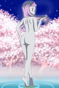 1girl arekkusudesu ass biomerge cherry_tree completely_nude digimon digimon_tamers female_focus from_behind full_body hair_down highres loli long_hair looking_back makino_ruki matrix_evolution nude outdoors shiny_skin smile solo water