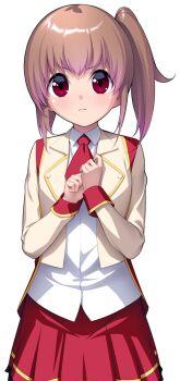 1girl ascot blush brown_hair closed_mouth collared_shirt cowboy_shot frown game_cg hands_up jacket large_variant_set long_hair long_sleeves looking_at_viewer miniskirt nanao_(mahaya) necktie non-web_source ochite_iku_seisenshi_lunatic_angels official_art open_clothes open_jacket own_hands_together pleated_skirt red_ascot red_eyes red_necktie red_skirt school_uniform shindou_makina shirt side_ponytail simple_background skirt solo standing straight-on transparent_background v-shaped_eyebrows variant_set white_background white_shirt yellow_jacket