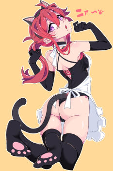 1girl :o absurdres ahoge animal_ears apron ass bare_shoulders black_gloves black_leotard black_thighhighs blush breasts cameltoe cat_ears cat_tail criss-cross_halter elbow_gloves fake_animal_ears feet frilled_apron frills from_behind full_body gloves hair_between_eyes halter_leotard halterneck hands_up highres imazawa kneeling leotard lilivia_(imazawa) long_hair looking_at_viewer looking_back no_shoes open_mouth orange_background original outline paw_print paw_socks purple_eyes red_hair side_ponytail simple_background skindentation small_breasts solo tail thighhighs thighs white_apron white_outline