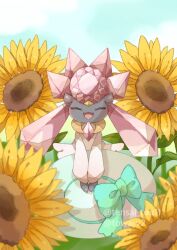 :d animal_focus artist_name blue_sky bow closed_eyes cloud colored_skin commentary_request crystal crystal_hair diancie flower gen_6_pokemon green_bow grey_skin hat highres holding holding_unworn_clothes holding_unworn_hat legendary_pokemon mythical_pokemon nintendo no_humans open_mouth pokemon pokemon_(creature) sky smile sun_hat sunflower towa_(clonea) unworn_hat unworn_headwear