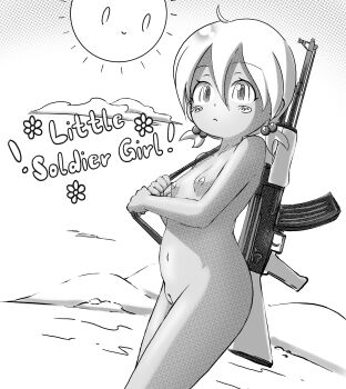 1girl ak-47 assault_rifle blush_stickers cleft_of_venus closed_mouth completely_nude cowboy_shot dark-skinned_female dark_skin english_text feet_out_of_frame female_focus flower frostyneko gun hair_between_eyes hair_bobbles hair_ornament highres kalashnikov_rifle loli looking_at_viewer monochrome navel nude original pussy rifle short_hair short_twintails sketch solo standing stomach strap sun thighs twintails uncensored weapon