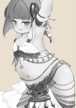 Rule 34 | 1girl, arabian clothes, armlet, armpits, arms up, belly chain, commentary request, dwarf, final fantasy, final fantasy vii, highres, jewelry, lalafell, looking at viewer, monochrome, navel, pear-shaped figure, sesoreve, shortstack, smile, solo, stomach, thighs, warrior of light (ff14)