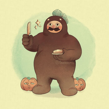 1boy beard blush_stickers budder28 dungeon_meshi dwarf facial_hair full_body golem_costume halloween_costume highres holding holding_knife holding_plate knife long_beard looking_ahead male_focus mustache official_alternate_costume plate pumpkin senshi_(dungeon_meshi) solo sparkle standing thick_mustache very_long_beard