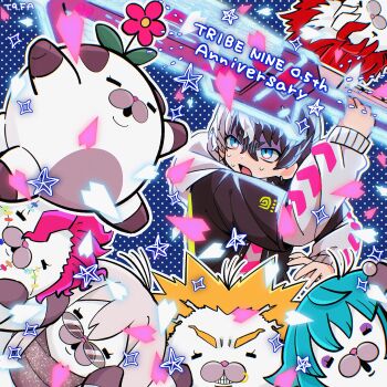 1boy absurdres anniversary black_hair black_jacket blue_eyes commentary_request copyright_name dotted_background gloom_(expression) highres holding holding_weapon hood hoodie jacket kuronaka_yo male_focus multicolored_hair nk6kmnmn open_mouth rectangular_mouth solo sweat tribe_nine two-tone_hair weapon white_hair white_hoodie zero_(plush)_(tribe_nine)