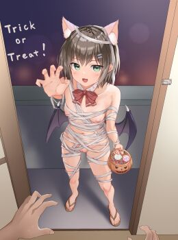 1girl 1other absurdres animal_ear_hairband animal_ears bandages black_wings bow bowtie breasts brown_hair bucket cat_ear_hairband cat_ears choppy_bangs cleft_of_venus collarbone commentary_request doorway english_text fake_animal_ears from_above green_eyes hair_ornament hairband hairclip halloween halloween_bucket halloween_costume hand_up highres holding holding_bucket looking_at_viewer looking_up medium_hair naked_bandage navel night nipples open_mouth original out_of_frame parallel_hairclips pussy reaching reaching_towards_viewer red_bow red_bowtie sandals shiina_mashiro_(xxxa2348) small_breasts smile solo_focus standing toes variant_set wings