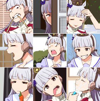 animal_ears anime_coloring biting blouse blunt_bangs bow carrot ear_ribbon multiple_expressions gold_ship_(umamusume) grin hat headpat horse_ears horse_girl hose kidachi making_faces open_mouth peeking_out photo-referenced purple_eyes purple_shirt school_uniform shirt silver_hair smile tongue tongue_out track_suit umamusume