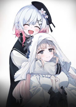 2girls :d ^_^ beret black_hat blonde_hair blush breasts closed_eyes dice_choco dress fang flower frilled_dress frills gloves gradient_hair hair_ornament hands_up hat hat_flower highres hikami_meruru hug hug_from_behind large_breasts long_hair long_sleeves mahou_shoujo_no_majo_saiban multicolored_hair multiple_girls open_mouth own_hands_together pink_hair priestess sakuraba_ema short_hair simple_background smile upper_body veil white_dress white_flower white_gloves white_hair white_veil x_hair_ornament