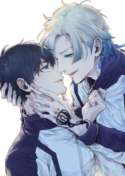 2boys black_hair blonde_hair blue_lock eye_contact hand_on_another&#039;s_face hand_on_another&#039;s_head hand_tattoo highres isagi_yoichi jacket looking_at_another male_focus michael_kaiser multicolored_hair multicolored_jacket multiple_boys neck_tattoo parted_lips pulling_another&#039;s_clothes rkgktbr short_hair simple_background smile streaked_hair tattoo teeth two-tone_jacket upper_body v-shaped_eyebrows white_background yaoi