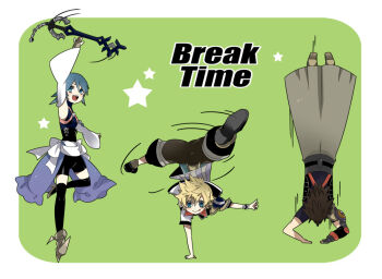 1girl 2boys adzuma_nishi aqua_(kingdom_hearts) arm_up armor armored_boots asymmetrical_armor bike_shorts black_boots black_corset black_jacket black_shirt black_shorts black_thighhighs blonde_hair blue_eyes blue_hair blue_shirt boots breakdance brown_boots brown_hair brown_pants checkered_clothes commentary_request corset dancing detached_sleeves english_text exercising foreshortening full_body green_background hakama hakama_pants handstand happy jacket japanese_clothes keyblade kingdom_hearts kingdom_hearts_birth_by_sleep long_hair medium_hair multicolored_jacket multiple_boys open_mouth pants puffy_pants push-ups shirt short_hair shorts shoulder_armor shoulder_strap smile spiked_hair star_(symbol) teeth terra_(kingdom_hearts) thighhighs tongue tongue_out upper_teeth_only ventus_(kingdom_hearts) waist_cape white_jacket wristband