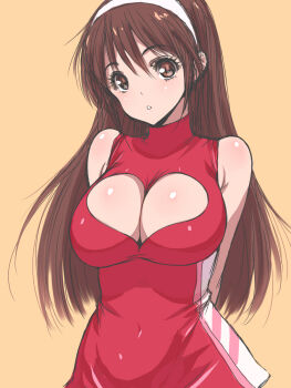 1990s_(style) 1girl arms_behind_back breasts brown_eyes brown_hair cleavage cleavage_cutout clothing_cutout dress female_focus future_gpx_cyber_formula hairband heart heart_cutout highres large_breasts long_hair poin_(hidsuki) retro_artstyle short_dress solo sugou_asuka
