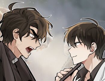 2boys ahoge black_coat black_eyes black_hair black_shirt coat collared_shirt constricted_pupils holding holding_phone kim_dokja lion_screaming_at_monkey_(meme) looking_at_another male_focus meme multiple_boys omniscient_reader&#039;s_viewpoint open_clothes open_coat open_mouth outline parody phone popped_collar reference_inset screaming screenshot_inset shirt short_hair smile taotaille white_coat white_outline yoo_joonghyuk