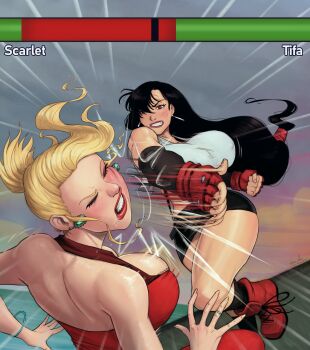 2girls black_hair black_skirt boots breasts catfight clenched_teeth closed_eyes devilhs dress earrings final_fantasy final_fantasy_vii gameplay_mechanics gloves halter_dress halterneck health_bar highres jewelry large_breasts long_hair low-tied_long_hair motion_blur multiple_girls outdoors padded_gloves pain pencil_skirt red_boots red_dress red_eyes red_gloves red_lips scarlet_(ff7) skirt slapping suspender_skirt suspenders tank_top teardrop_earrings teeth tifa_lockhart white_tank_top