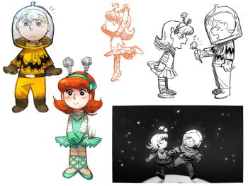 Rule 34 | 1boy, 1girl, astronaut, ballet slippers, blonde hair, blue hairband, charlie brown, dress, dubu274611, en pointe, gloves, hairband, helmet, highres, holding hands, little red haired girl, medium hair, peanuts (comic), red hair, short hair, smile, space helmet, spacesuit, tutu
