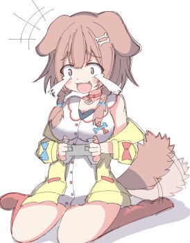 +++ 1girl :d afterimage animal_ears blue_bow blush bone_hair_ornament bow braid breasts brown_eyes brown_hair cartoon_bone cleavage collar collarbone commentary_request controller crying crying_with_eyes_open dog_ears dog_girl dog_tail dress fang game_controller hair_ornament highres holding hololive inugami_korone inugami_korone_(1st_costume) jacket kneehighs long_sleeves low_twintails medium_breasts no_shoes off_shoulder open_clothes open_jacket open_mouth puffy_long_sleeves puffy_sleeves red_bow red_collar red_socks shadow simple_background sitting sleeveless sleeveless_dress smile socks solo streaming_tears tail tail_wagging tears twin_braids twintails umberblack virtual_youtuber wariza white_background white_dress yellow_jacket