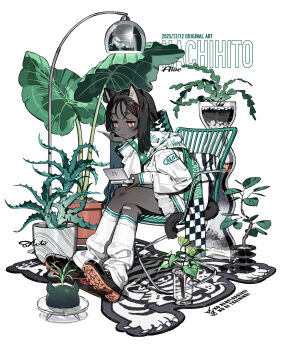 Rule 34 | 1girl, absurdres, animal ears, artist name, bandaid, bandaid on leg, black hair, black shoes, bright pupils, cat ears, cat girl, cat tail, coat, commentary, dark-skinned female, dark skin, dated, english text, fern, full body, hachihito, handheld game console, head rest, highres, holding, holding handheld game console, holding stylus, lawn chair, leg warmers, light smile, long hair, long sleeves, nintendo ds, original, plant, potted plant, red eyes, rug, shoes, simple background, sitting, solo, stylus, symbol-only commentary, tail, white background, white coat, white leg warmers, white pupils