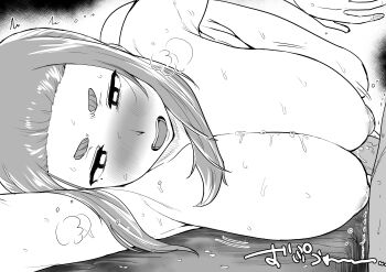 1boy 1girl absurdres blush breasts breasts_squeezed_together commentary_request cum cum_on_body ejaculation facial grabbing_own_breast greyscale hair_bun hetero highres huge_breasts inverted_nipples kaii_to_otome_to_kamikakushi kaiman_garupan lying mole mole_under_eye monochrome nipples ogawa_sumireko on_side one_eye_closed paizuri parted_lips perpendicular_paizuri short_hair single_hair_bun solo_focus sound_effects sweat thick_eyebrows very_sweaty