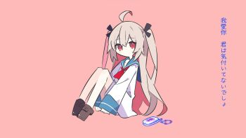 1girl ahoge ami_b1196260828 ascot atri atri-my_dear_moments- black_ribbon blue_sailor_collar blush_stickers brown_hair brown_shoes cellphone chinese_commentary commentary_request deformed dress full_body hair_between_eyes hair_ribbon highres knees_up loafers long_hair looking_at_viewer no_mouth phone pink_background red_ascot red_eyes ribbon sailor_collar sailor_dress shoes sidelocks simple_background sitting sleeves_past_wrists slit_pupils solo translation_request two_side_up very_long_hair white_dress wide_sleeves