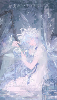 1girl birdcage blue_bow blue_hair blue_ribbon blue_theme bow broken_glass cage chinese_commentary cloud colored_eyelashes commentary_request commission crying crying_with_eyes_open dress fairy fairy_wings fan_yeyeyeyeye feet_out_of_frame fingernails frilled_wrist_cuffs frills from_side glass hair_between_eyes hair_bow hat highres holding holding_orb liquid_hair long_hair looking_at_object mirror mob_cap musical_staff neck_ribbon orange_lips orb original parted_lips pink_nails plant puffy_short_sleeves puffy_sleeves ribbon shallow_water short_dress short_sleeves sitting solo table tablecloth tears very_long_hair vines wariza water watermark weibo_watermark white_dress white_wrist_cuffs wings wrist_cuffs