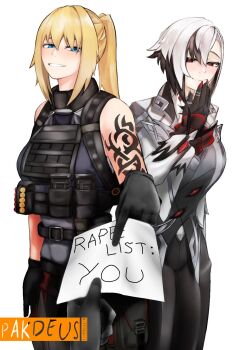 2girls ammunition arlecchino_(genshin_impact) artist_name black_gloves black_hair blonde_hair blue_eyes character_request copyright_request cowboy_shot genshin_impact gloves hand_to_own_mouth highres load_bearing_vest meme multiple_girls note notejak_(meme) pakdeus pov pov_hands red_eyes shotgun_shell shoulder_tattoo tattoo white_background white_hair you_gonna_get_raped