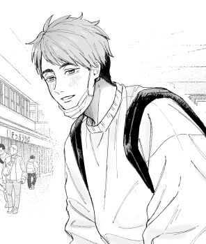 Rule 34 | 1boy, backpack, bag, blush, commentary request, greyscale, haikyuu!!, highres, male focus, mask, mask pull, miya osamu, monochrome, mouth mask, nyamunyamu san, people, solo focus, sweater, teeth, upper body