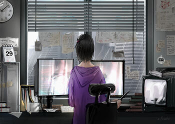 1girl bob_cut book book_stack calendar_(object) chair chinese_text city clock computer_keyboard crt day faceless from_behind han_sooyoung holding holding_pen hood hood_down hoodie indoors monitor omniscient_reader&#039;s_viewpoint paper pen purple_hoodie rain reflective_surface roventus solo standing tape window_blinds wooden_desk
