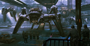 2boys 6+others ambiguous_gender black_pants commentary commentary_request english_commentary grand_scale grey_hat grey_pants grey_shirt hat highres long_sleeves mecha military military_hat military_uniform mixed-language_commentary motor_vehicle multiple_boys multiple_others noba original pants robot scenery science_fiction shirt standing truck watermark