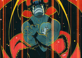 1boy 1girl black_fur blue_skin body_fur clenched_teeth closed_eyes collarbone colored_skin cradling_head crying demon_boy demon_horns demon_tail demon_wings despair devilman devilman_(character) devilman_crybaby emphasis_lines fudou_akira hair_between_eyes head head_back head_wings holding_detached_head horns makimura_miki muscular muscular_male red_background red_eyes sharp_teeth signature sunafuki_tabito tail teeth topless_male wings