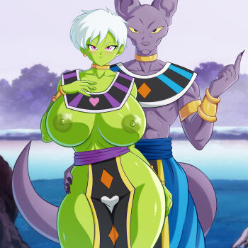 1boy 1girl absurdres beerus blush breasts cheelai colored_skin curvy dragon_ball dragon_ball_super green_skin highres huge_breasts looking_at_viewer nipples outdoors pink_eyes soul-z standing white_hair wide_hips