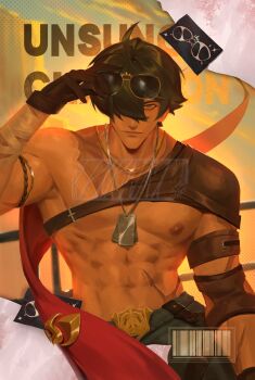 1boy abs absurdres adjusting_eyewear ahoge arm_up armor barcode bicep_strap black_gloves collarbone commentary dog_tags english_commentary english_text eyewear_on_head floating_scarf gloves green_eyes green_hair hair_over_one_eye highres jewelry lighter_(zenless_zone_zero) male_focus multiple_scars navel necklace nipples outdoors pikwat railing red_pupils red_scarf scar scar_on_arm scar_on_chest scar_on_stomach scarf short_hair shoulder_armor solo sunglasses unworn_scarf upper_body zenless_zone_zero