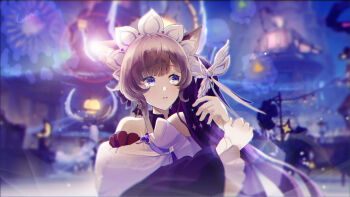 Rule 34 | 2girls, absurdres, black hair, blue eyes, blurry, blurry background, brown hair, columbina (genshin impact), feathered wings, genshin impact, head wings, highres, hug, long hair, multiple girls, multiple wings, night, outdoors, parted lips, qise zhijing, sandrone (genshin impact), strapless, upper body, very long hair, white wings, wings