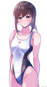 1girl alternate_costume anchor_symbol arms_behind_back black_hair collarbone competition_swimsuit cowboy_shot fubuki_(kancolle) green_eyes highleg highleg_one-piece_swimsuit highres kantai_collection low_ponytail one-piece_swimsuit ponytail simple_background solo swimsuit two-tone_swimsuit white_background white_one-piece_swimsuit yoko_hata