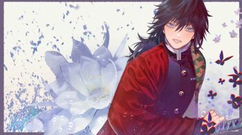 0630np 1boy black_hair black_jacket blue_eyes buttons commentary demon_slayer_uniform empty_eyes flower hair_between_eyes haori high_collar holding holding_sword holding_weapon jacket japanese_clothes katana kikkoumon kimetsu_no_yaiba long_hair looking_at_viewer low_ponytail male_focus parted_lips ponytail print_haori red_haori solo spiked_hair sword symbol-only_commentary teeth tomioka_giyuu weapon