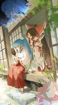 2girls absurdres blue_eyes blue_hair bow brown_hair brushing_hair comb commentary_request foul_detective_satori frilled_bow frilled_hair_tubes frills gensokyo&#039;s_first_hakurei_miko hair_bow hair_tie_in_mouth hair_tubes hairdressing hakama hakama_skirt hand_in_another&#039;s_hair hand_mirror highres holding holding_another&#039;s_hair holding_comb holding_mirror japanese_clothes jill_07km kimono kouhaku_nawa large_bow long_hair long_sleeves miko mirror miyadeguchi_mizuchi miyadeguchi_mizuchi_(human) mouth_hold multiple_girls outdoors ponytail red_bow red_eyes red_hakama red_ribbon red_skirt ribbon ribbon-trimmed_sleeves ribbon_in_mouth ribbon_trim rope sandals shimenawa shouji signature skirt sliding_doors touhou tying_hair very_long_hair watermark white_kimono wide_sleeves zouri