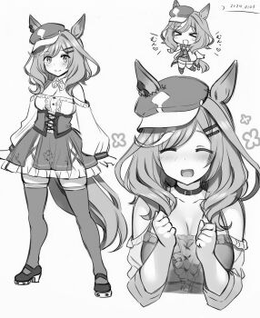 1girl :d animal_ears bare_shoulders blush breasts chibi clothing_cutout commentary_request corset ear_ornament full_body hair_ornament hairclip hat horse_ears horse_girl horse_tail long_sleeves mary_janes matikanetannhauser_(panpaka_tiltott)_(umamusume) matikanetannhauser_(umamusume) medium_breasts medium_hair monochrome newsboy_cap open_mouth ribbon shoes shoulder_cutout smile solo standing tail thighhighs transparent_background uma_dacchi_ex umamusume yellow_eyes