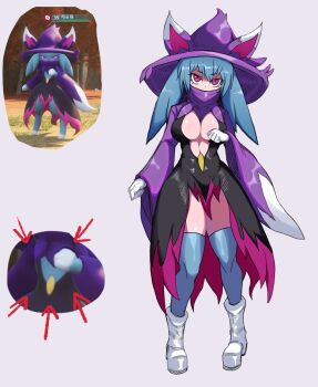 1girl absurdres animal_ears black_dress blue_hair blue_thighhighs boots breasts cat_ears chinese_commentary clenched_hand clothing_cutout commentary_request creature_and_personification dress full_body game_screenshot_inset gloves hand_up hat hat_with_ears high_collar highres humanization katress koshou_shou_mitsu large_breasts long_hair looking_at_viewer pal_(creature) palworld personification pink_dress purple_eyes purple_headwear simple_background slit_pupils stomach_cutout thighhighs white_background white_footwear white_gloves wizard_hat