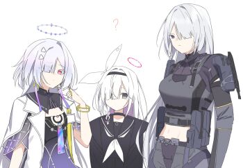 3girls ak-15_(girls'_frontline) black_choker black_eyes black_hairband blue_archive braid breasts choker colored_inner_hair commentary girls'_frontline hair_over_one_eye hairband halo height_difference highres large_breasts lemonisblue long_hair long_sleeves mornye_(wuthering_waves) multicolored_hair multiple_girls pink_hair plana_(blue_archive) red_eyes school_uniform serafuku simple_background single_braid symbol-only_commentary trait_connection upper_body very_long_hair white_background white_hair wuthering_waves