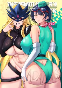 2girls absurdres adapted_costume ass bandana bandana_around_neck bare_shoulders beelstarmon belt black_belt black_hair black_jacket blonde_hair blue_mask breasts commentary covered_erect_nipples cowboy_shot cropped_jacket digimon digimon_(creature) digimon_story:_time_stranger elbow_gloves eye_mask from_behind gloves goggles goggles_on_head green_hat green_panties green_shirt groin hair_between_eyes hat highres jacket large_breasts leather leather_jacket logo long_hair looking_at_viewer mask multiple_girls navel no_pants panties parted_lips purple_eyes purple_lips renfura shadow shirt short_hair sidelocks sleeveless sleeveless_shirt standing stomach third_eye underboob underwear v white_gloves writing_on_ass yellow_background yellow_eyes yuuki_kanan zipper