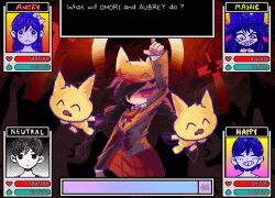 2boys 3girls animal_hat animated aubrey_(omori) crossover crucifixion english_text expressionless funamusea game gameplay_mechanics hat kel_(omori) mogeko_(funamusea) mogeko_castle multiple_boys multiple_girls negativusc omori omori_(omori) pointing pointing_up red_eyes tagme video