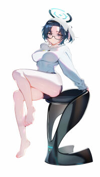1girl barefoot blue_archive blue_hair blue_halo blue_shorts breasts brown_eyes chihiro_(blue_archive) chihiro_(pajamas)_(blue_archive) collarbone commentary_request glasses gradient_eyes halo large_breasts long_hair looking_at_viewer multicolored_eyes parted_bangs short_hair shorts side_ponytail sitting solo sweater takatou_suzunosuke thighs very_long_hair white_sweater