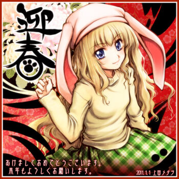 2011 animal_ear_headwear animal_ears archived_source arm_at_side blonde_hair blue_eyes border breasts dated fake_animal_ears floppy_ears floral_background green_skirt hat long_hair long_sleeves looking_at_viewer lowres original paw_print pink_hat rabbit_ears red_background red_border skirt small_breasts smile sweater translation_request two-tone_border ueda_metawo very_long_hair wavy_hair white_border yellow_skirt yellow_sleeves yellow_sweater