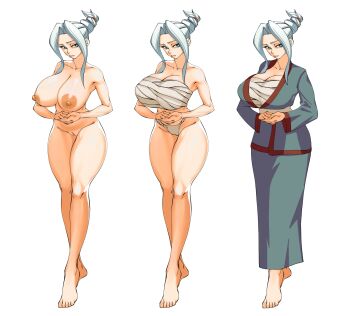 Rule 34 | 1girl, armpits, barefoot, blue eyes, breasts, chest sarashi, cleavage, closed mouth, commission, from side, full body, fundoshi, grey hair, groin, highres, japanese clothes, jinbei (clothes), large breasts, lips, looking at viewer, medium hair, multiple views, nekiaya0, nipples, original, own hands together, pussy, sarashi, simple background, tiptoes, toes, white background