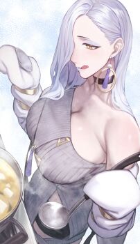 1girl absurdres bare_shoulders black_shoes blue_lips blush breasts choker chorogon cleavage commentary_request cooking cooking_pot dress earrings eyeliner fate/grand_order fate_(series) grey_dress hair_over_one_eye highres hoop_earrings jacket jewelry ladle large_breasts licking_lips long_hair long_sleeves looking_at_viewer makeup mrs._snake_(fate) off_shoulder plate shoes short_shorts shorts smile solo sweater sweater_dress tassel tasting_plate tongue tongue_out white_hair white_jacket yellow_eyes