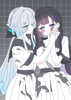 2girls black_hair black_sailor_collar blue_eyes blue_streaks cerydra_(honkai:_star_rail) closed_mouth commentary_request earrings grey_hair grid_background highres holding_hands honkai:_star_rail honkai_(series) hysilens_(honkai:_star_rail) interlocked_fingers jewelry kosame_0229 long_hair multiple_girls parted_lips pleated_skirt purple_eyes sailor_collar school_uniform serafuku shirt skirt smile white_shirt white_skirt yuri