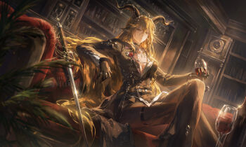 1girl arknights artist_name bookshelf bottle breasts brown_hair cleavage closed_mouth couch crossed_bangs crossed_legs cup degenbrecher_(arknights) drinking_glass gloves green_eyes green_gloves green_jacket green_pants hair_between_eyes helen_zzhao highres holding holding_cup horns jacket long_hair looking_at_viewer medium_breasts no_shirt on_couch pants sitting solo sword watermark weapon wine_glass