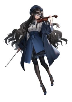 1girl ankle_ribbon arm_at_side beret black_hair black_pantyhose blue-framed_eyewear blue_bow blue_eyes blue_hat blue_jacket blue_ribbon blue_shoes blue_skirt bow bow_(music) breasts buttons chinese_commentary collared_shirt double-breasted expressionless freeze_(867139) full_body hair_between_eyes hair_bow hair_ornament hairclip hat high-waist_skirt high_heels highres holding holding_bow_(music) holding_instrument holding_violin instrument jacket layered_skirt leg_ribbon long_hair long_sleeves looking_at_viewer medium_breasts medium_skirt neck_ribbon off_shoulder open_clothes open_jacket original pantyhose parted_lips ribbon see-through_skirt_layer shirt shoes sidelocks simple_background skirt solo standing striped_clothes striped_skirt vertical-striped_clothes vertical-striped_skirt very_long_hair violin wavy_hair white_background white_shirt