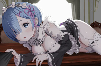 1boy 1girl absurdres black_ribbon blue_eyes blue_hair breasts bulge crotch_grab detached_sleeves garter_straps gibun_(sozoshu) hair_ornament hair_over_one_eye hair_ribbon highres indoors looking_at_viewer maid maid_headdress medium_breasts neck_ribbon on_table pink_ribbon re:zero_kara_hajimeru_isekai_seikatsu rem_(re:zero) ribbon roswaal_mansion_maid_uniform short_hair solo table thighhighs variant_set white_garter_straps white_thighhighs x_hair_ornament